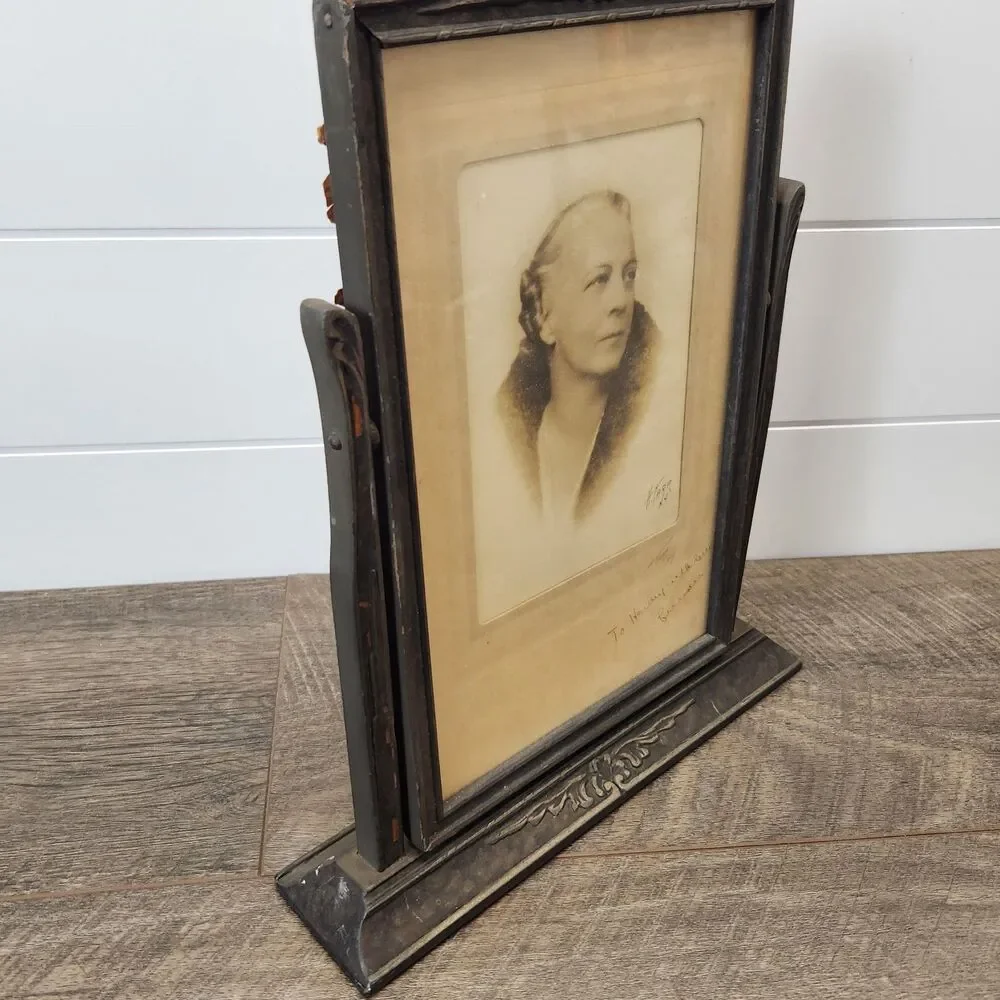 Antique Art Deco Wood Tabletop Swivel Swing Tilt Picture Frame with Photo Signed